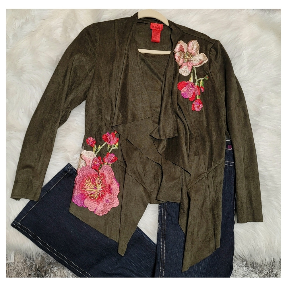 Cristina Green Suede Floral Embroidery Waterfall